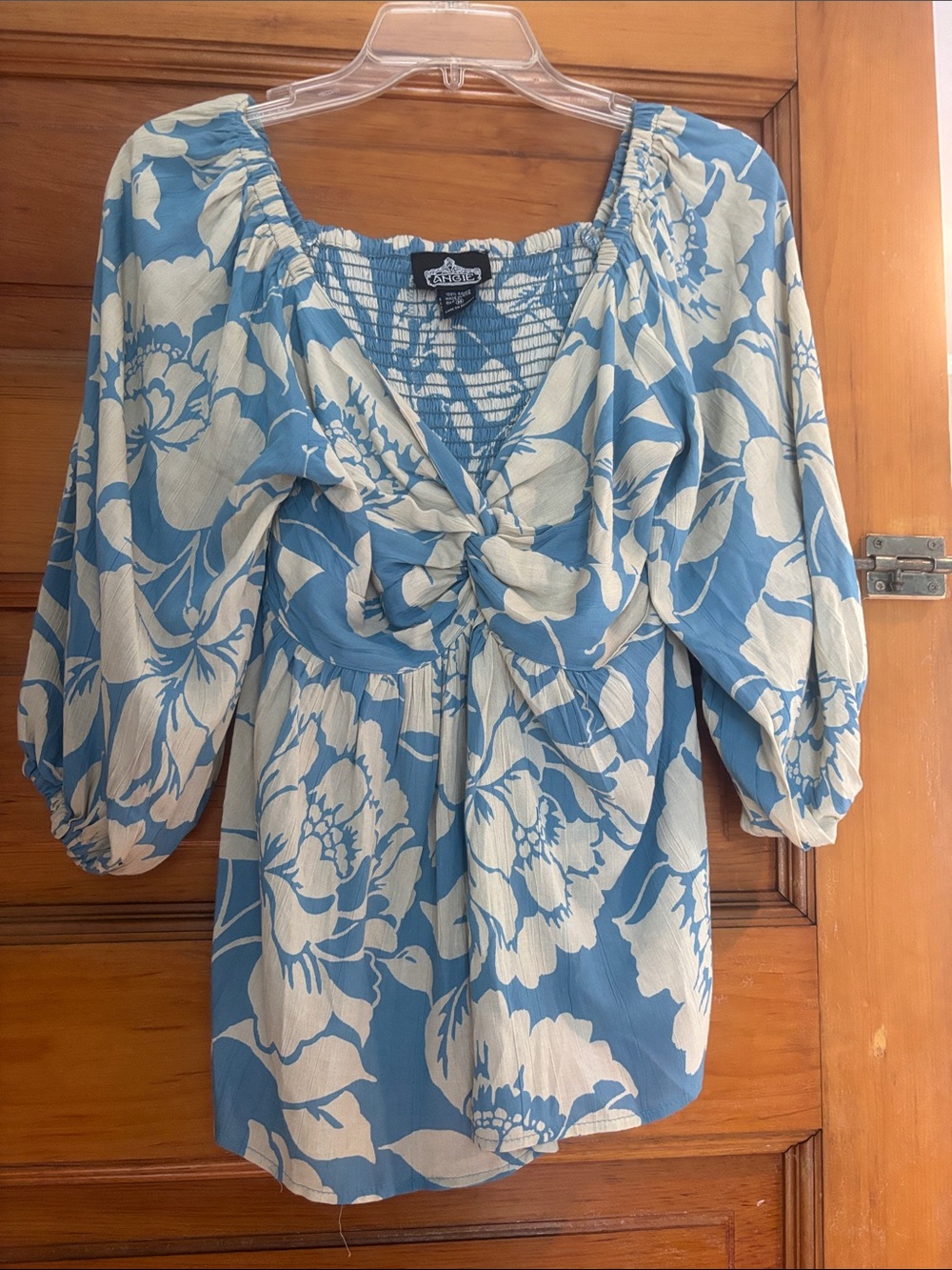 Angie Blue and Cream Floral Tie-Front Peasant Blouse